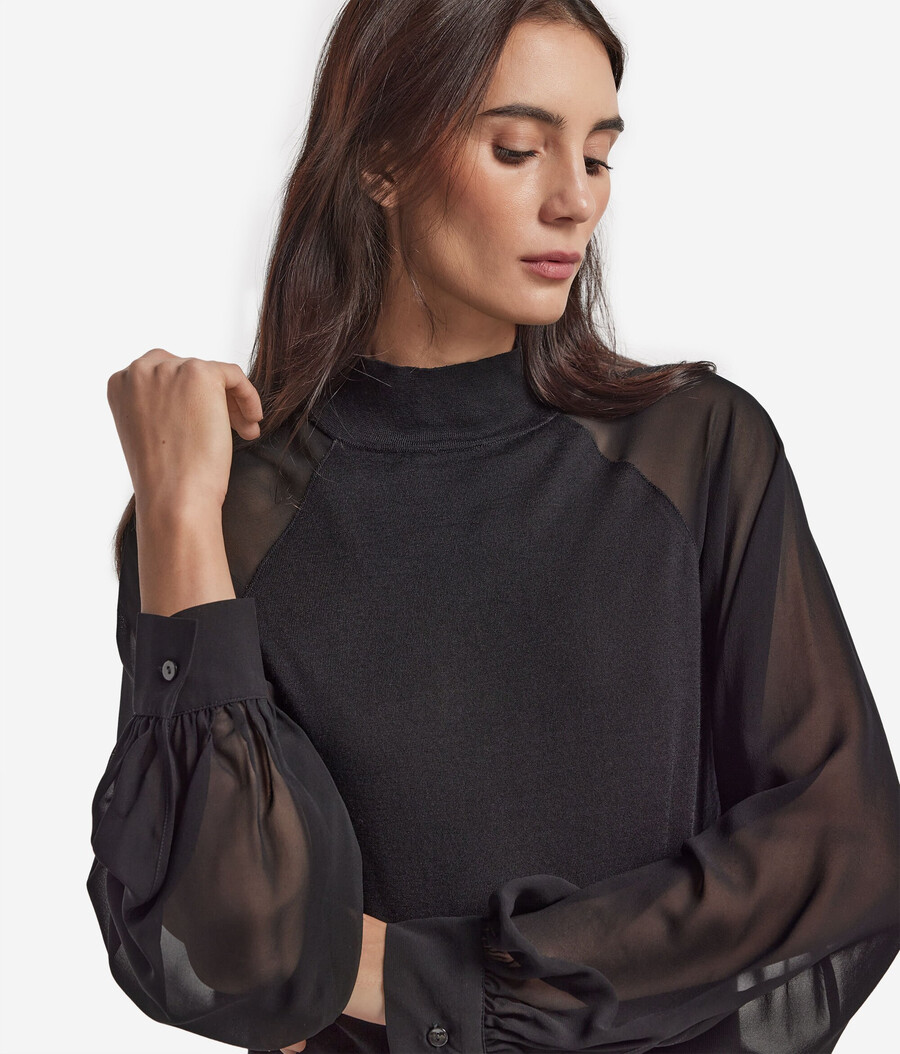 blusa in cashmere ultrafine con inserto in seta