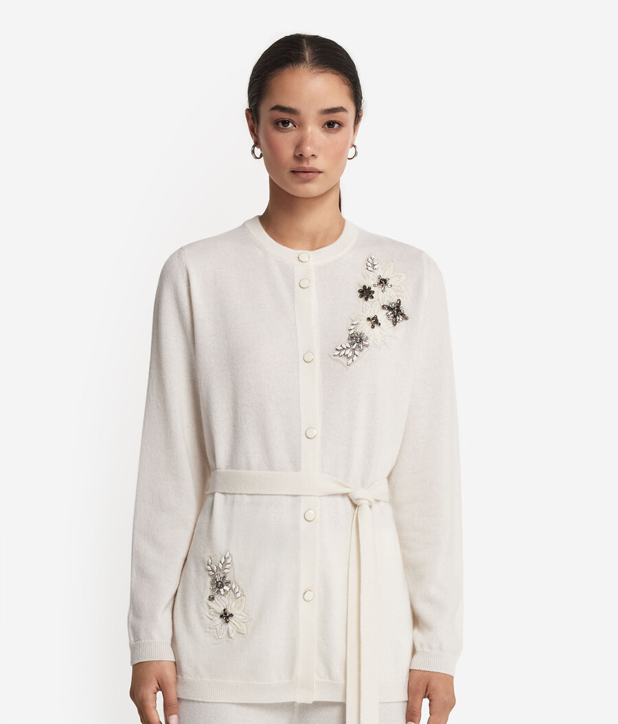 cardigan in cashmere con ricamo floreale