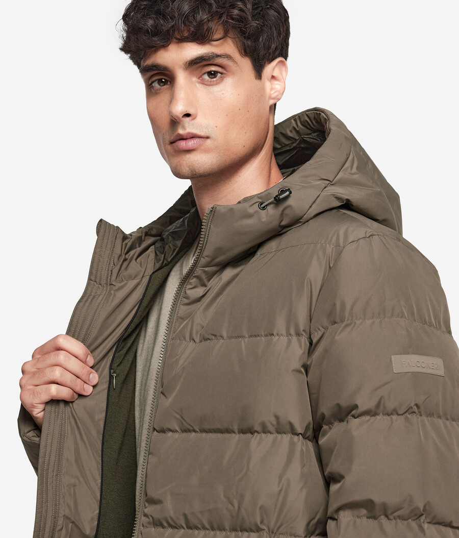 piumino con cappuccio e fodera in cashmere