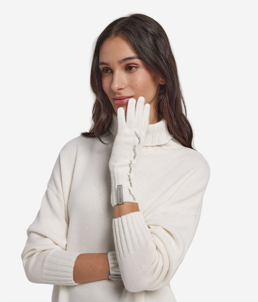 guanti in cashmere ultra morbidi con maglia a trecce e strass