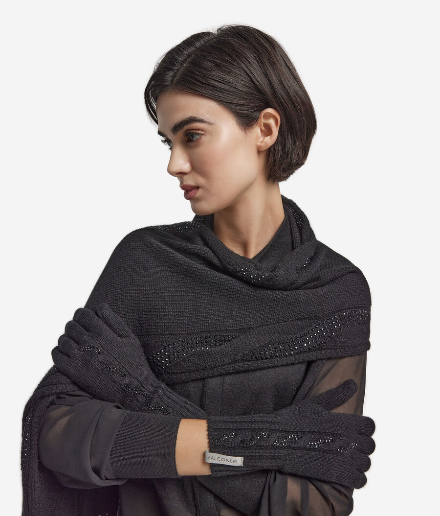 guanti in cashmere ultra morbidi con maglia a trecce e strass