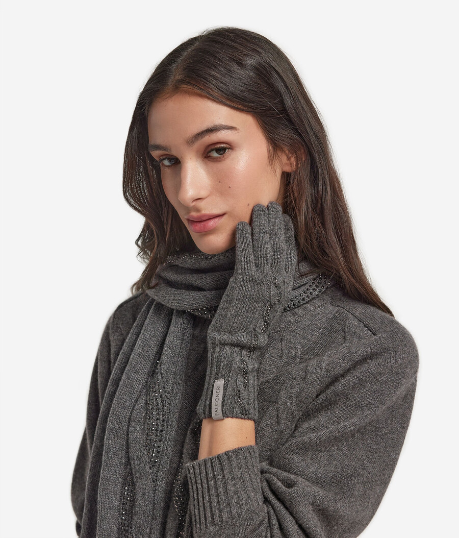 guanti in cashmere ultra morbidi con maglia a trecce e strass