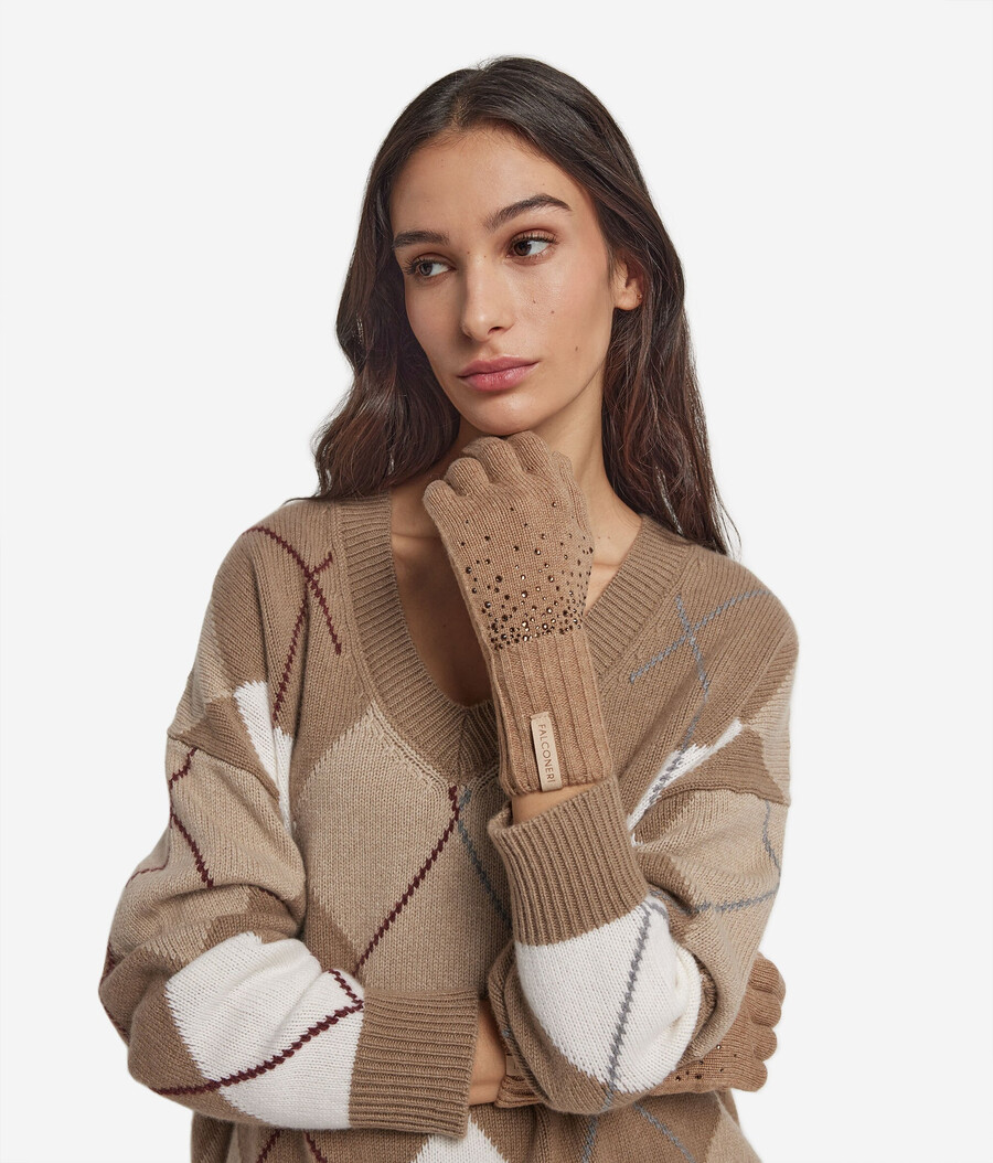guanti in cashmere con strass