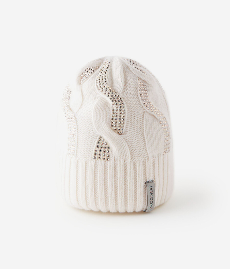 cappello in cashmere ultra morbido con maglia a trecce e strass
