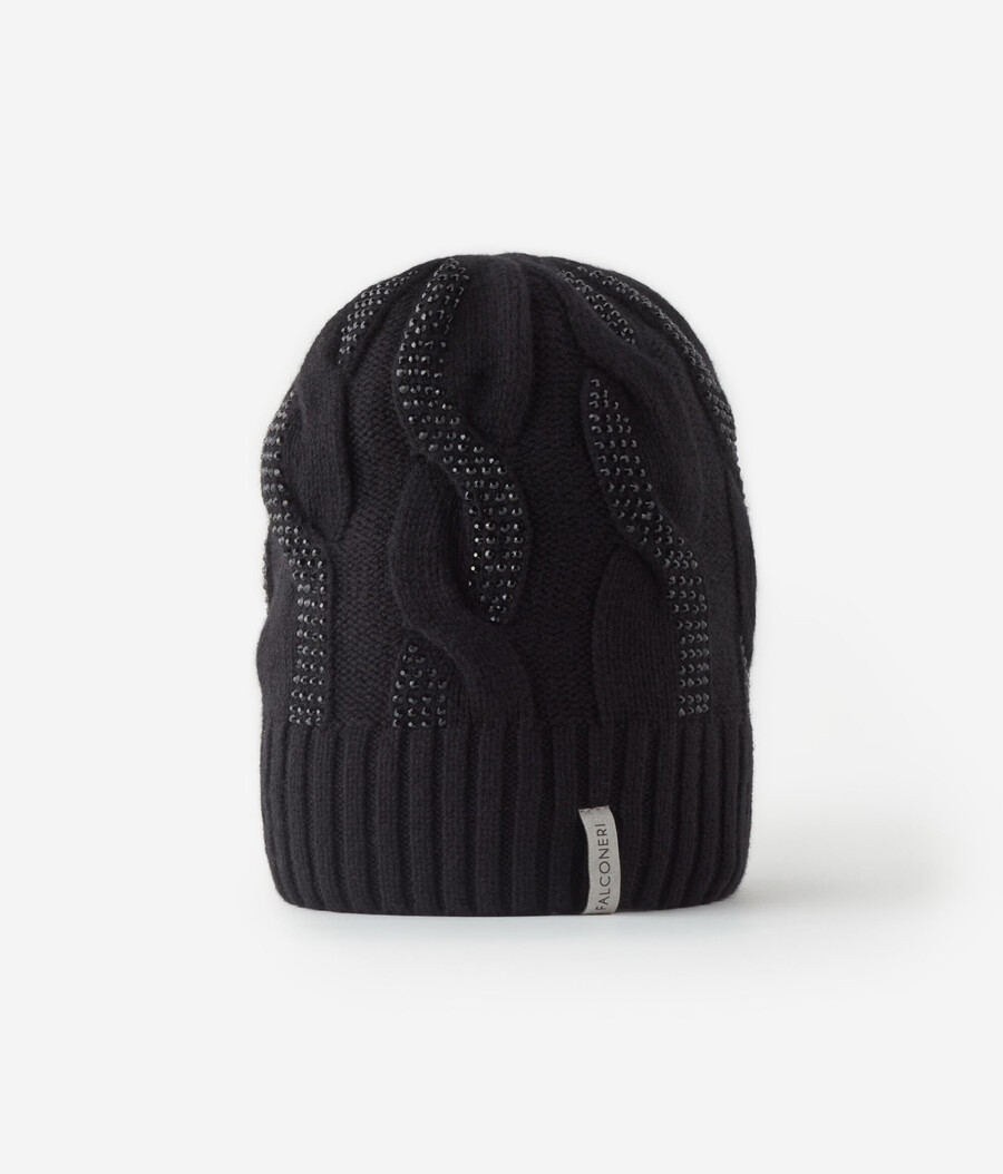cappello in cashmere ultra morbido con maglia a trecce e strass
