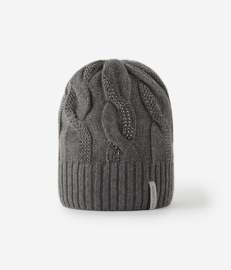 cappello in cashmere ultra morbido con maglia a trecce e strass