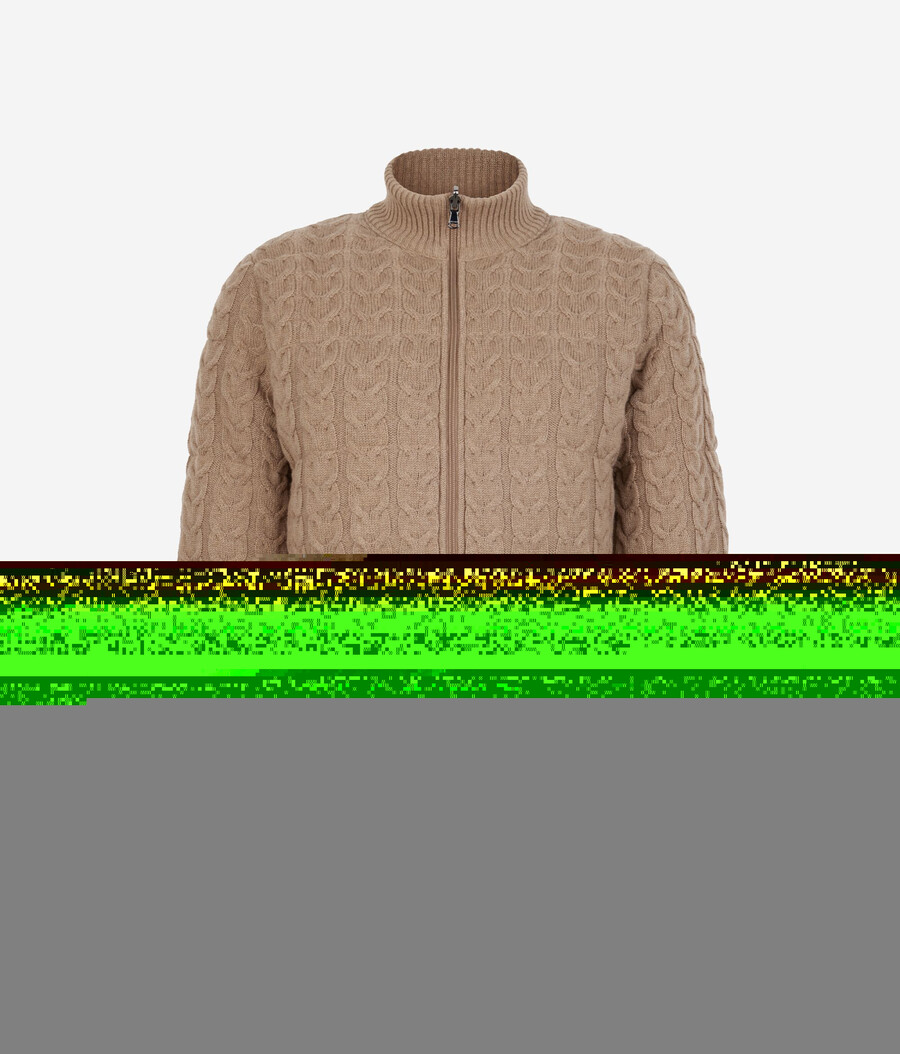 piumino reversibile con lavorazione a trecce in cashmere e tessuto tecnico.