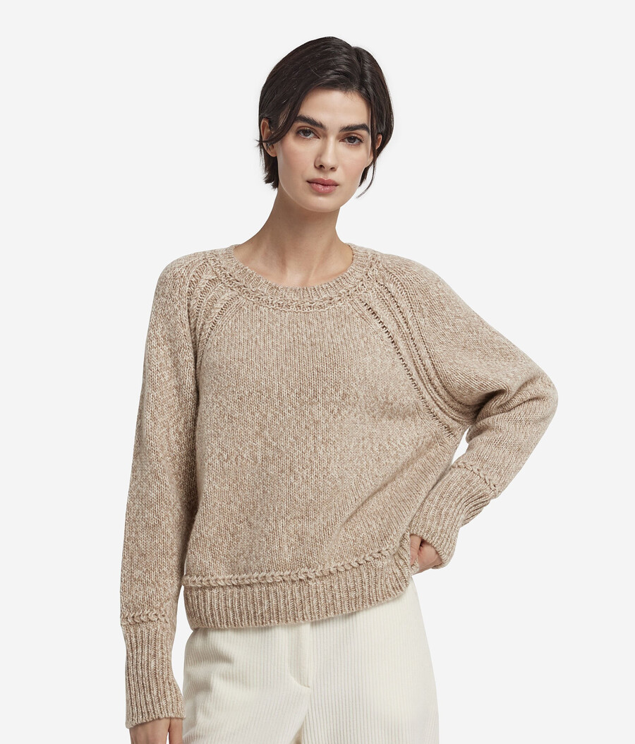 maglietta girocollo in cashmere non tinto ultra morbido con lavorazione a trecce