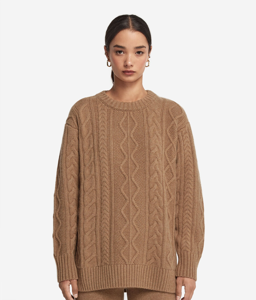 maglione girocollo in cashmere ultra morbido lavorato a maglia a trecce