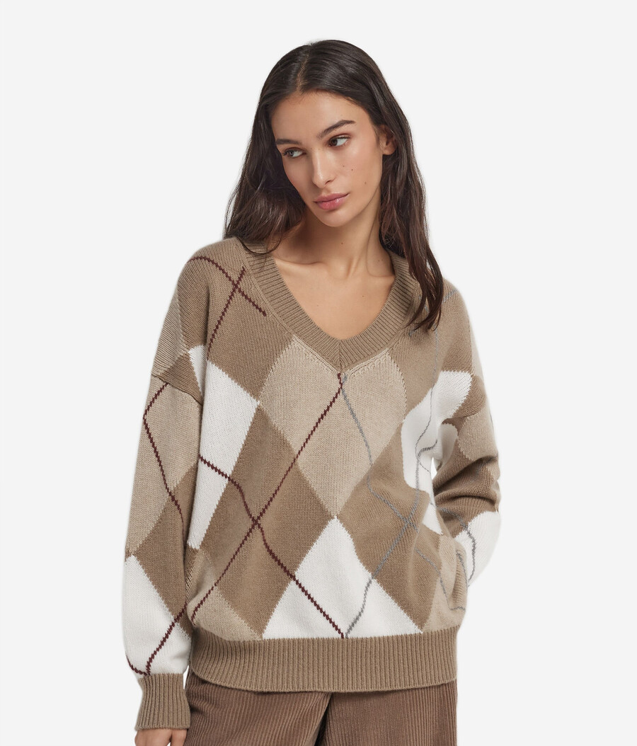 maglione con scollo a v in cashmere ultra morbido con motivo a rombi