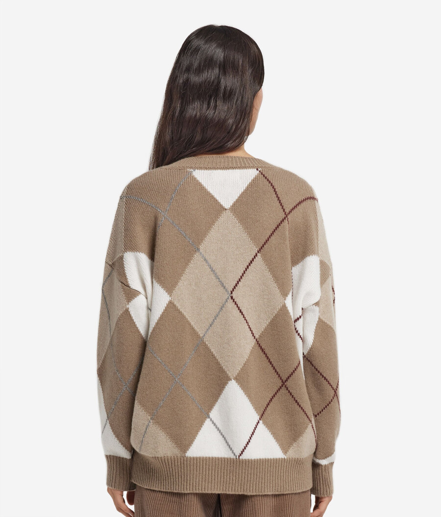 maglione con scollo a v in cashmere ultra morbido con motivo a rombi