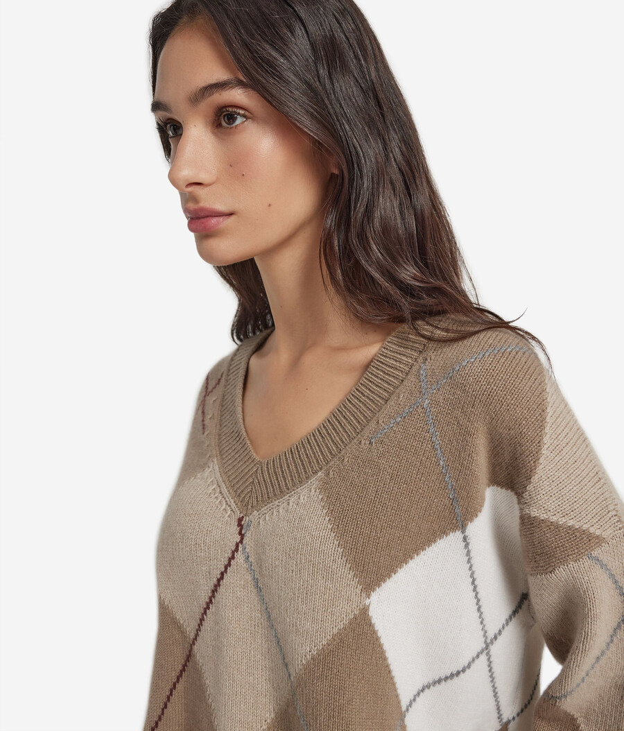 maglione con scollo a v in cashmere ultra morbido con motivo a rombi