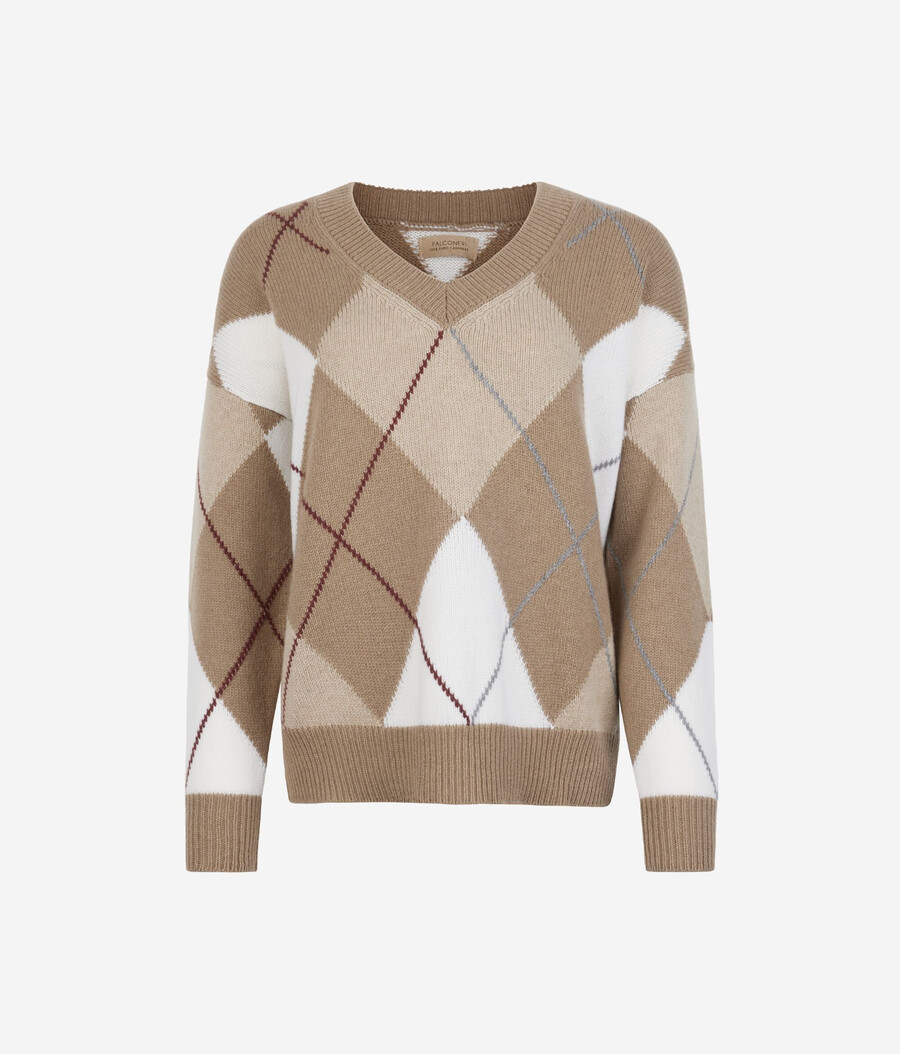 maglione con scollo a v in cashmere ultra morbido con motivo a rombi