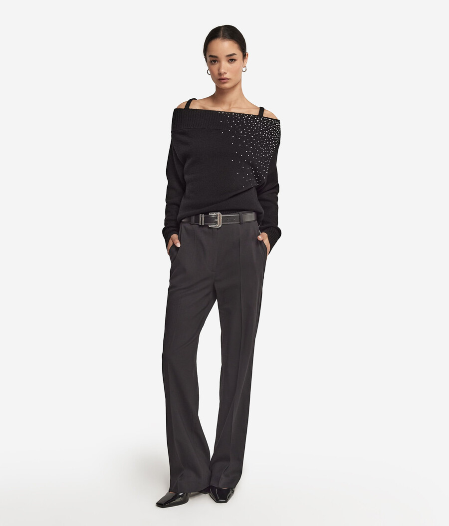 maglia in cashmere con spalle scoperte e strass