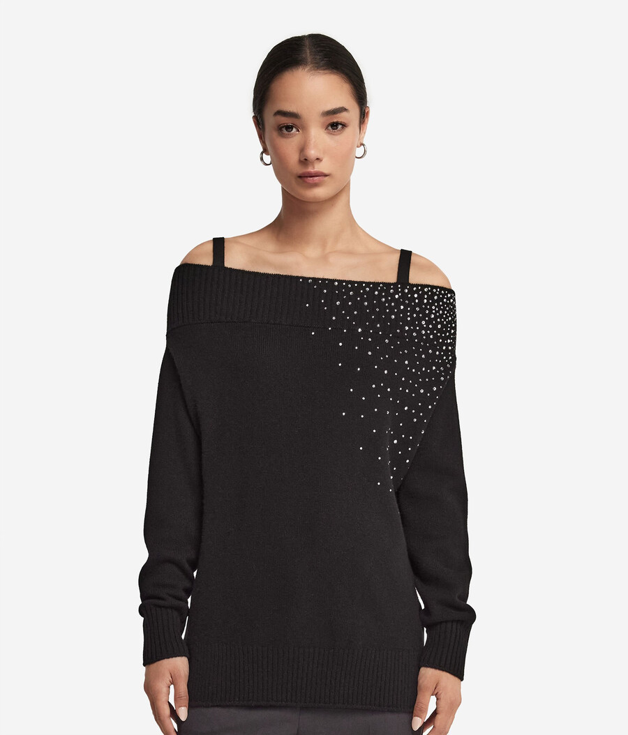 maglia in cashmere con spalle scoperte e strass