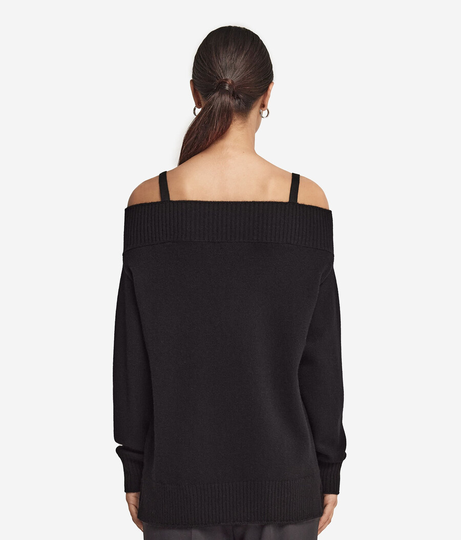 maglia in cashmere con spalle scoperte e strass