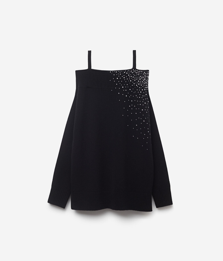 maglia in cashmere con spalle scoperte e strass