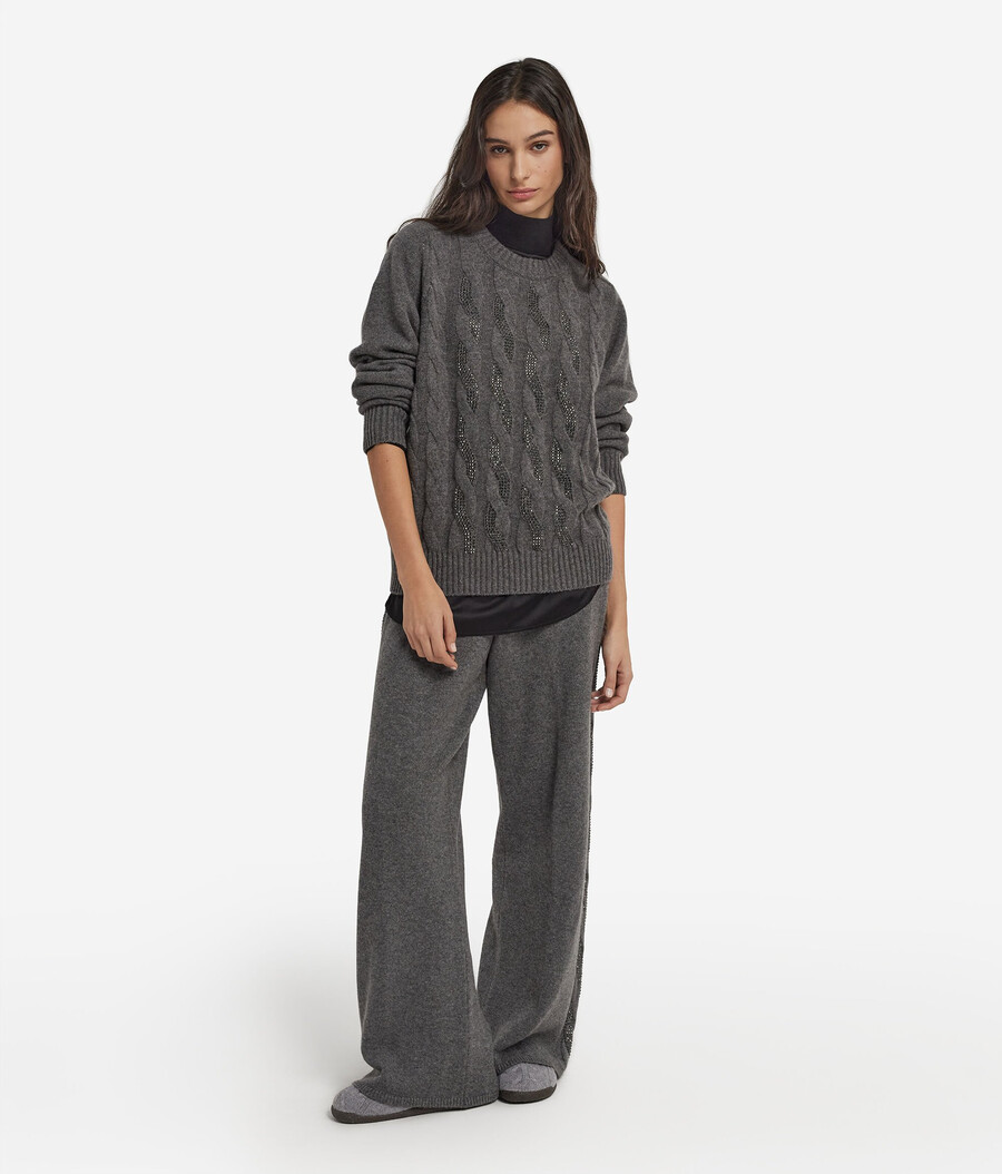 maglia girocollo in cashmere ultra morbido con lavorazione a trecce e strass