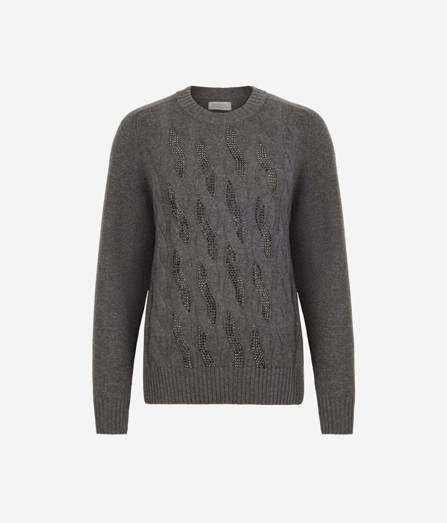maglia girocollo in cashmere ultra morbido con lavorazione a trecce e strass