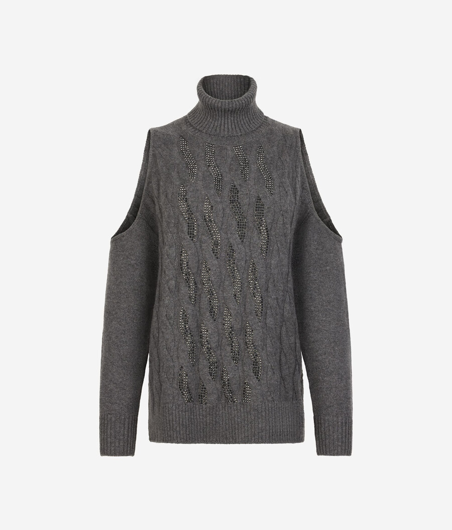top in cashmere ultra morbido con lavorazione a trecce e strass