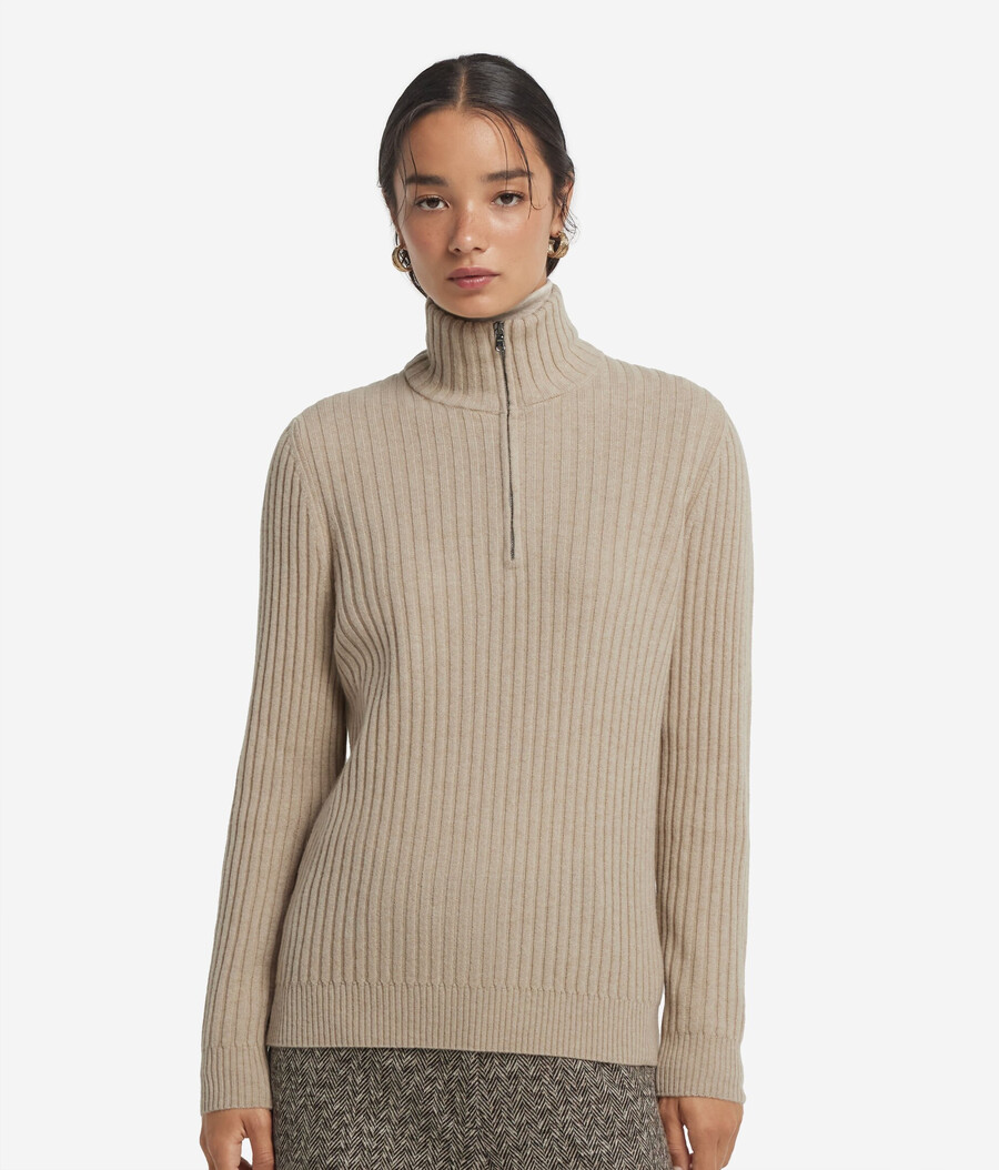 maglione in cashmere ultra morbido a coste con mezza zip