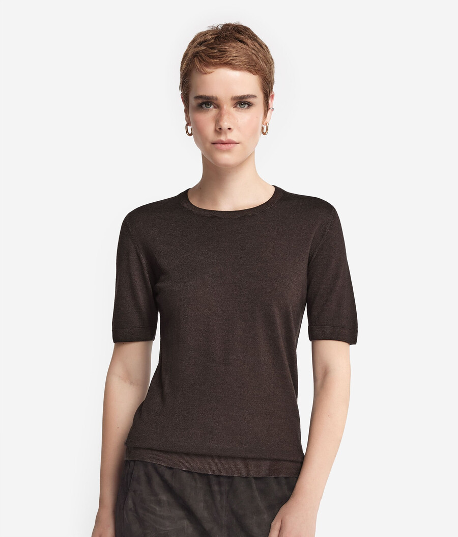 maglia girocollo a maniche corte in cashmere ultrafine