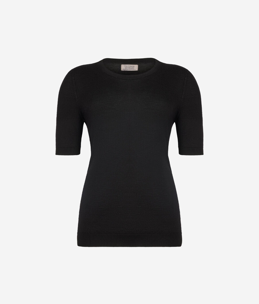 maglia girocollo a maniche corte in cashmere ultrafine