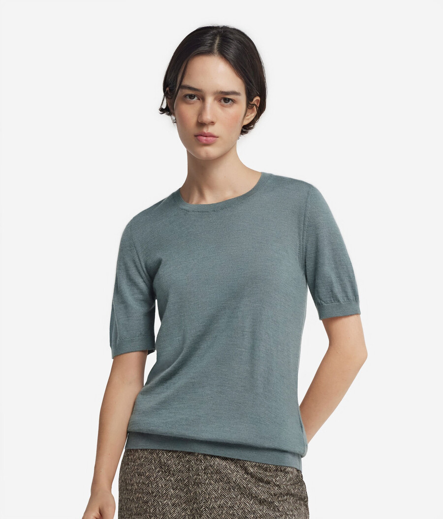 maglia girocollo a maniche corte in cashmere ultrafine