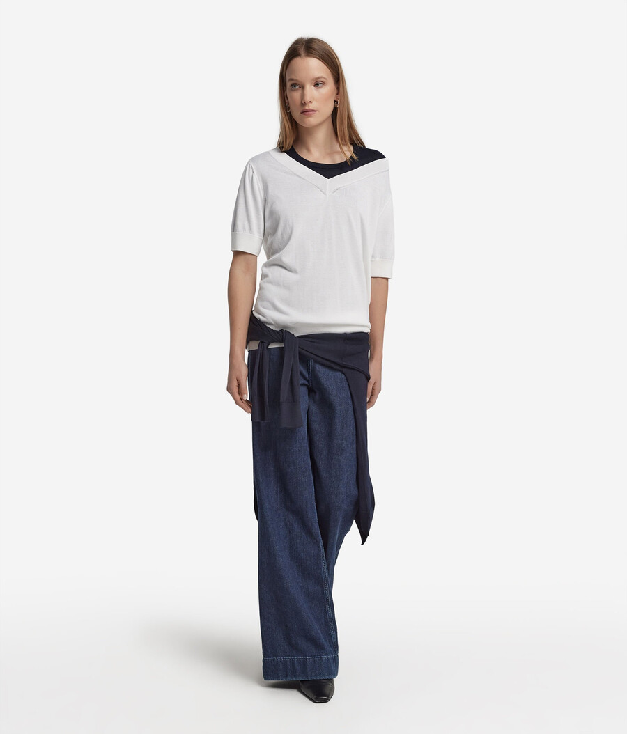 maglione in seta e cotone con scollo a v a maniche corte
