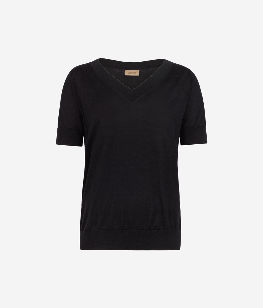 maglione in seta e cotone con scollo a v a maniche corte