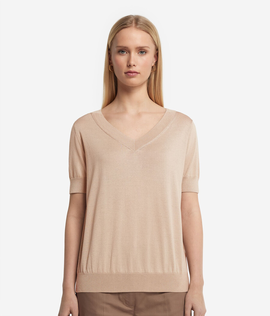 maglione in seta e cotone con scollo a v a maniche corte