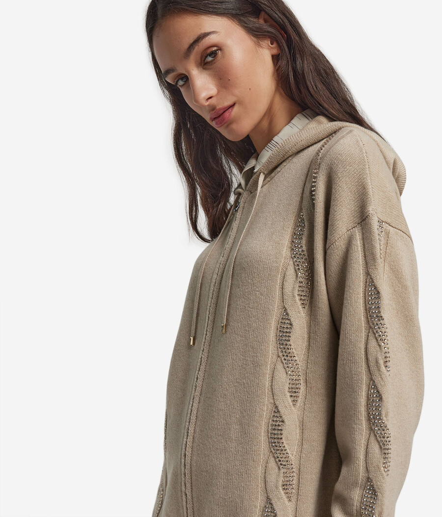 felpa in cashmere ultra morbido con lavorazione a trecce e strass