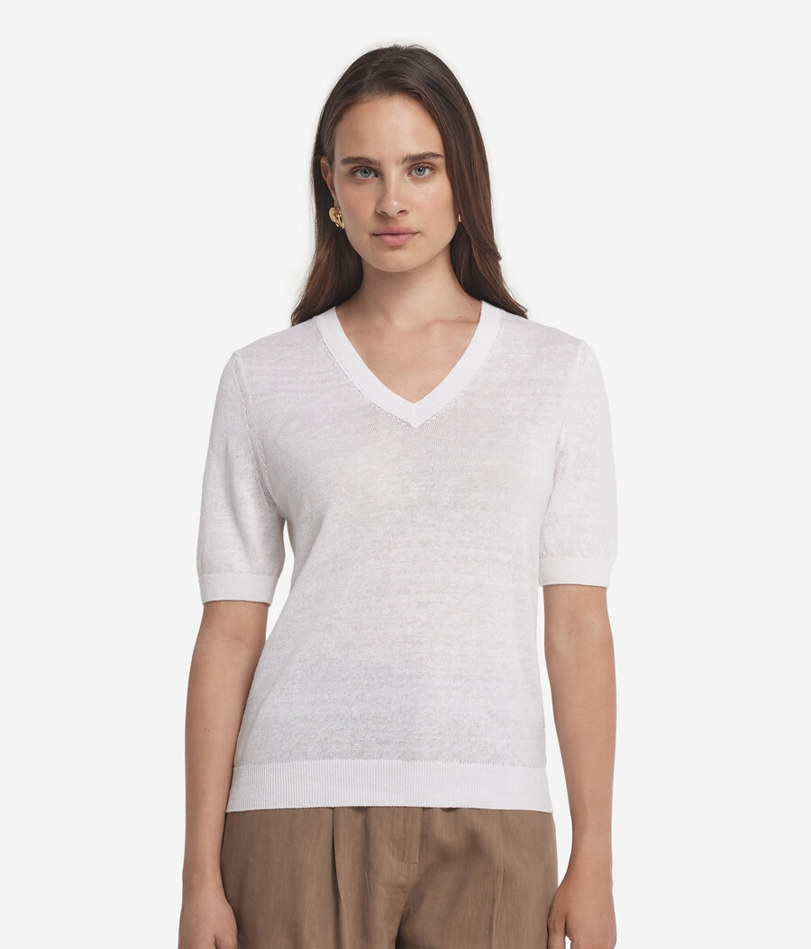 t-shirt con scollo a v in lino e cotone