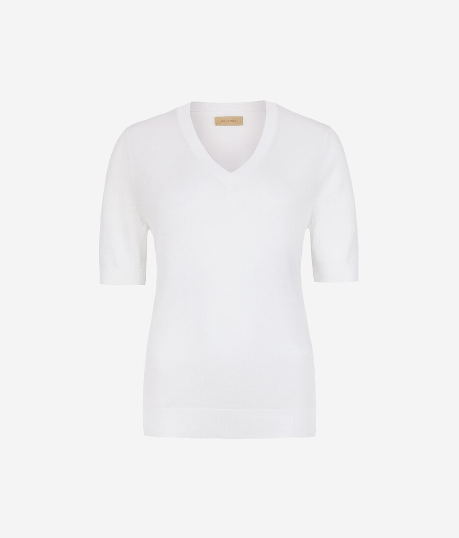 t-shirt con scollo a v in lino e cotone