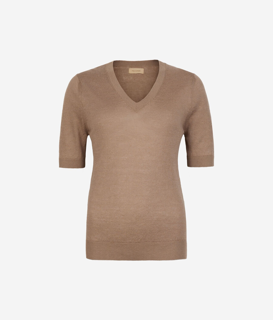 t-shirt con scollo a v in lino e cotone