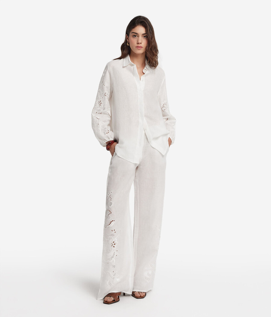 pantaloni in lino ricamati