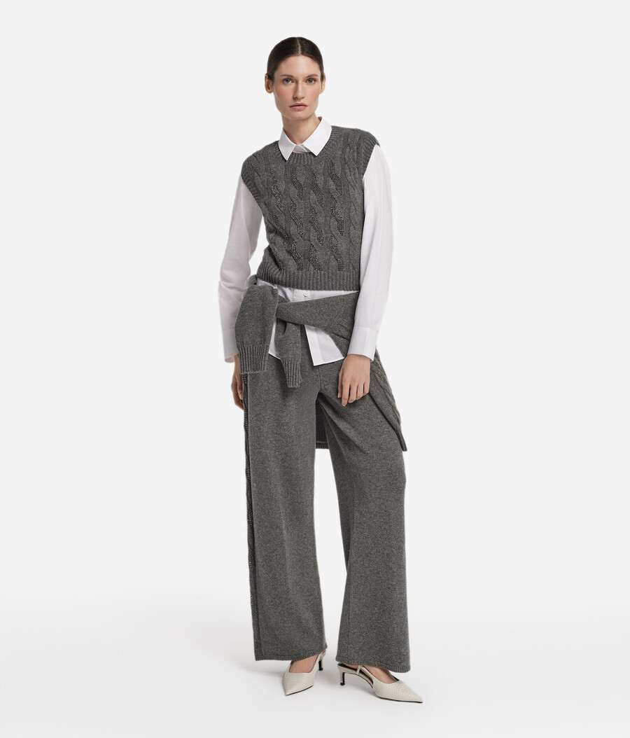 gilet in cashmere ultra morbido con maglia a trecce e strass