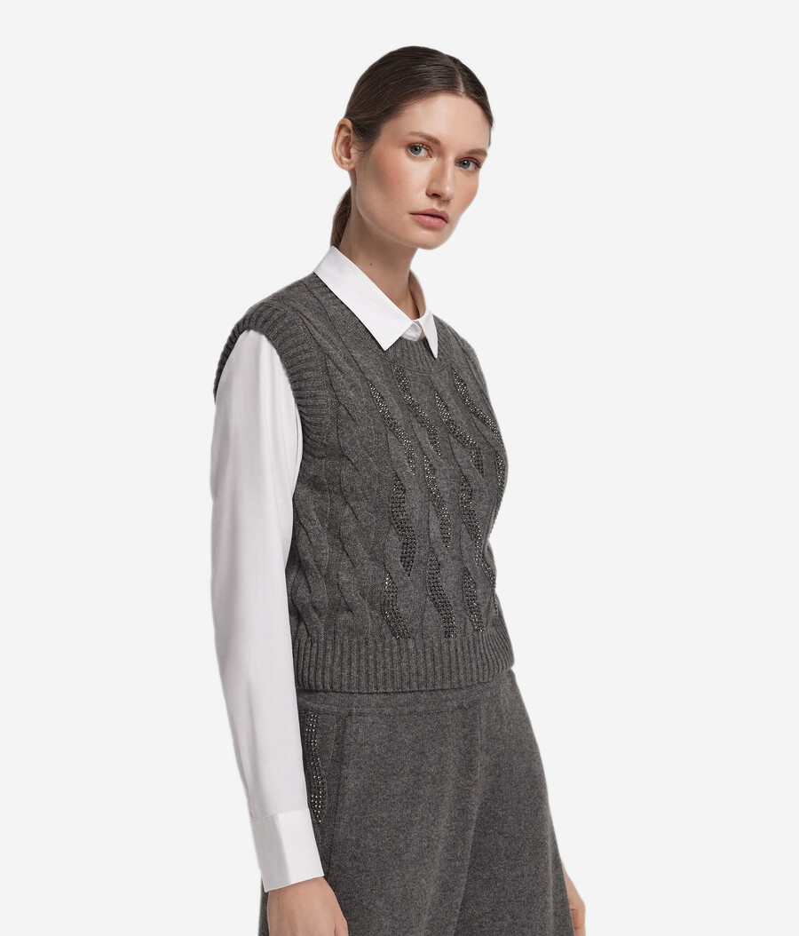 gilet in cashmere ultra morbido con maglia a trecce e strass