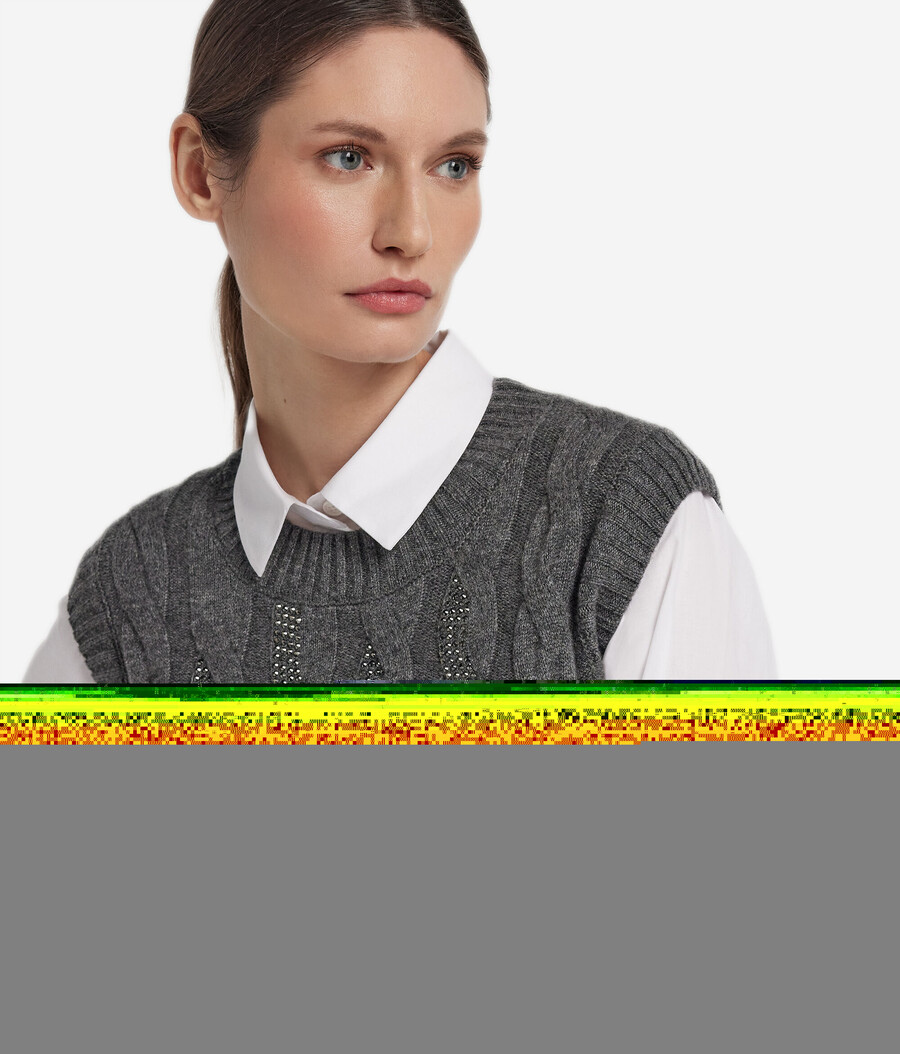 gilet in cashmere ultra morbido con maglia a trecce e strass