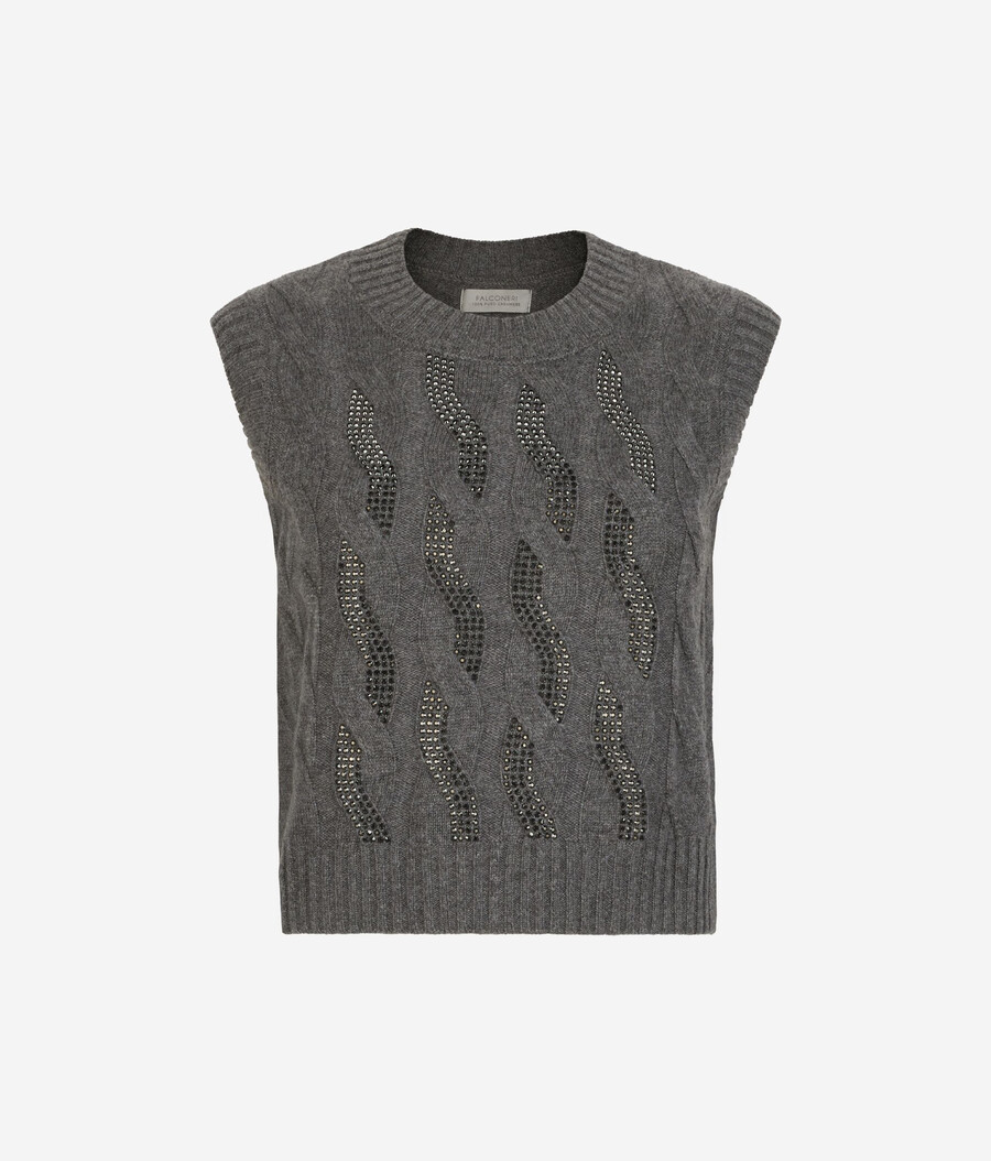 gilet in cashmere ultra morbido con maglia a trecce e strass